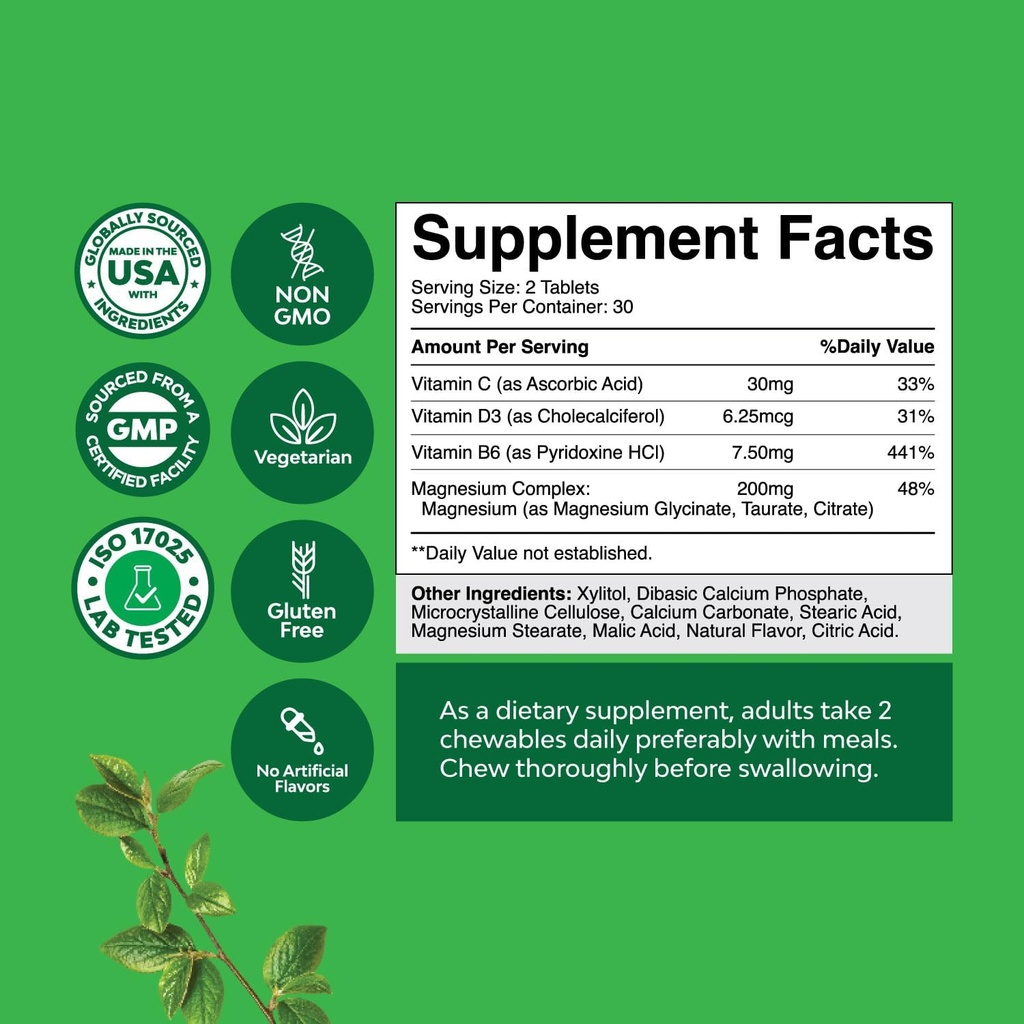 Sugar Free Magnesium Glycinate Chewable - Chewable Magnesium for Adults & Kids with Glycinate Taurate & Citrate Complex Plus Vitamins D3 B6 & C - Vegetarian Non-GMO & No Artificial Flavors (30 Day) 4