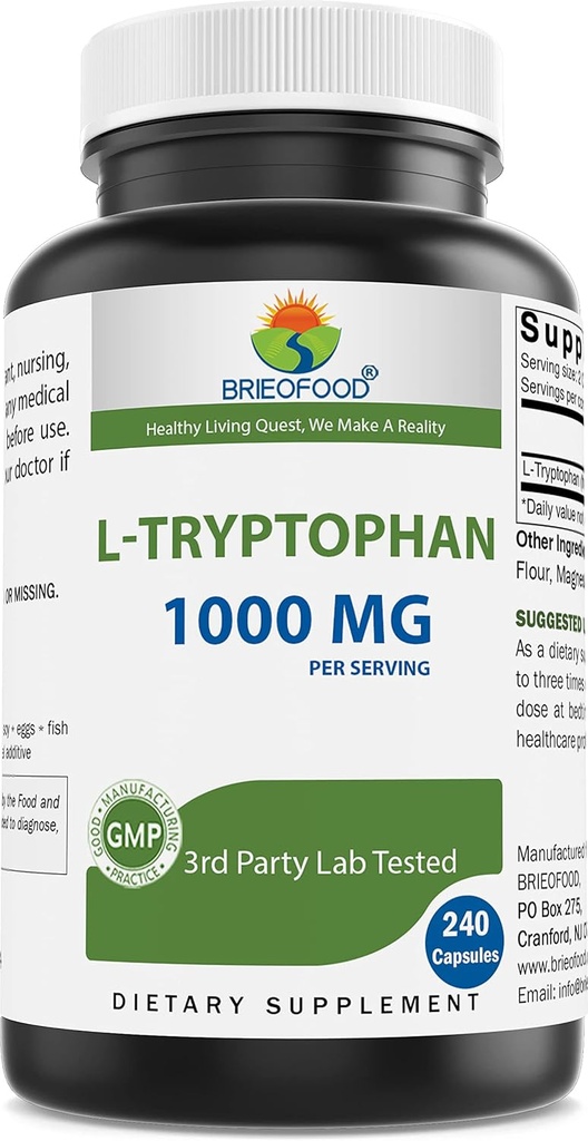 Brieofood L-Tryptophan 1000mg per Serving - 240 Capsules - Supports Poisitive Mood & Relaxation 2
