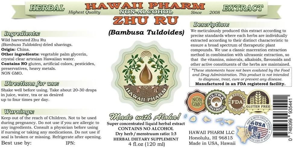 Hawaii Pharm Zhu Ru Alcohol-Free Liquid Extract, Zhu Ru, Bamboo (Bambusa Tuldoides) Shavings Glycerite Natural Herbal Supplement, USA 4 fl.oz 3
