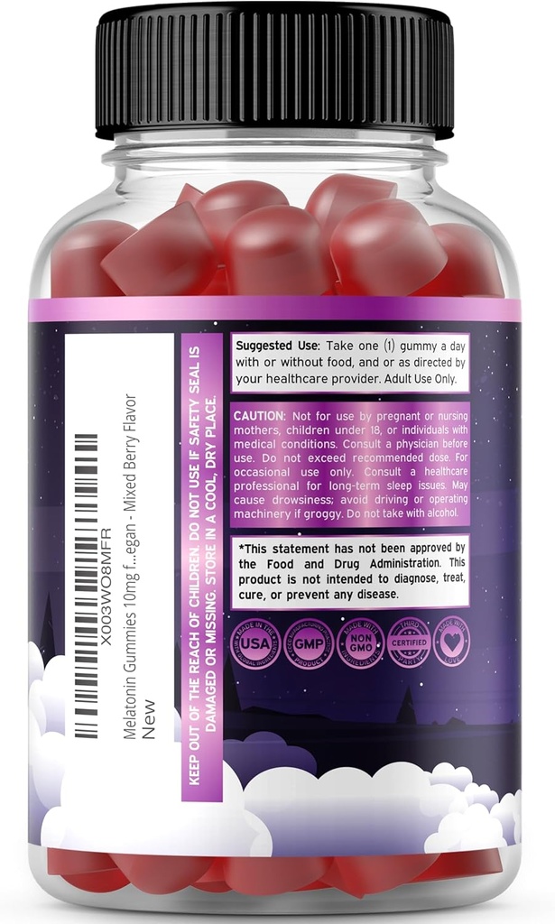 Melatonin Gummies 10mg for Adults (180 Count) - Quick Dissolve Melatonin Gummies - Gummy for Adults Contains 10mg - High Potency - Mixed Berry Flavor - Non-GMO, Vegan Supplement & Made in USA 4