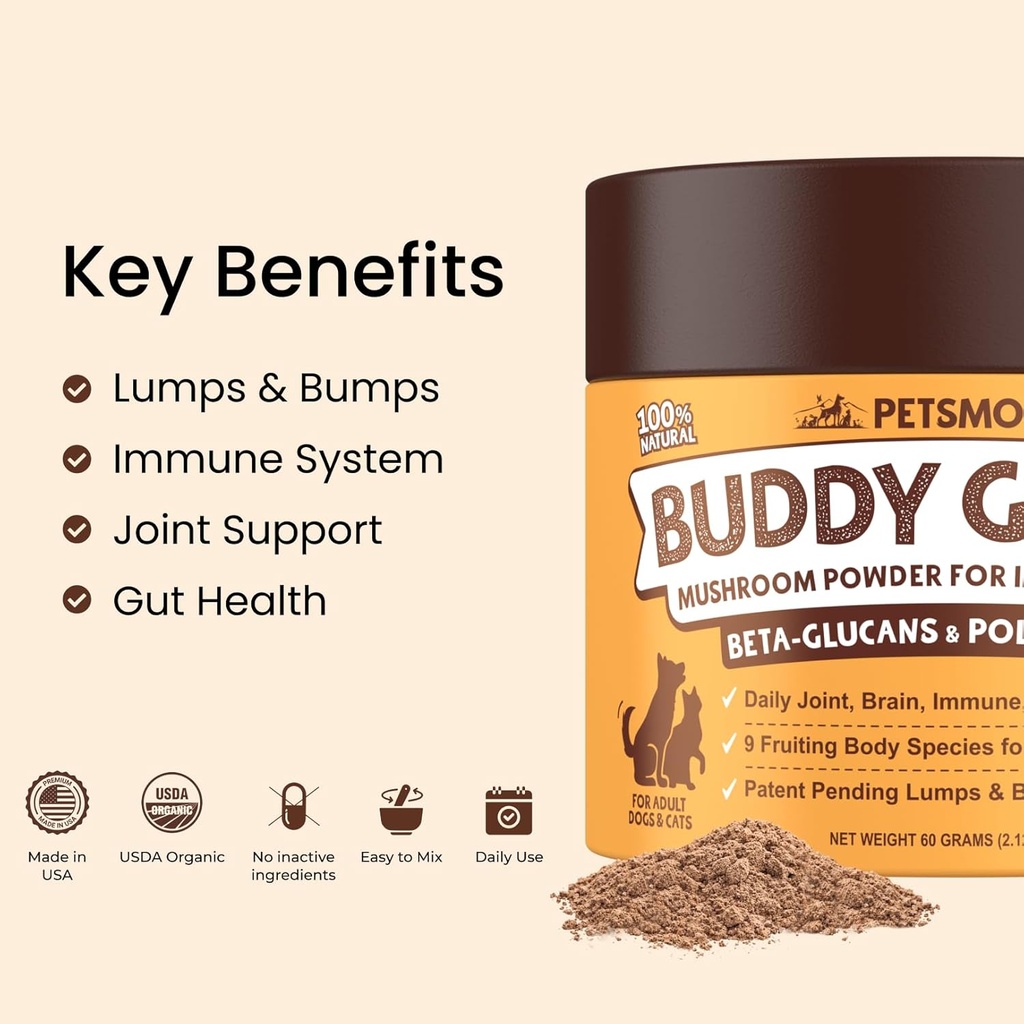 Petsmont Buddy Guard for Lumps and Bumps, Lipoma for Dogs & Cats, Patent Pending Organic 8 Mushroom Powder Blend Natural Dog Probiotic & Immune Support Chaga, Reishi, Lion's Mane, Turkey Tail Mushroom 3
