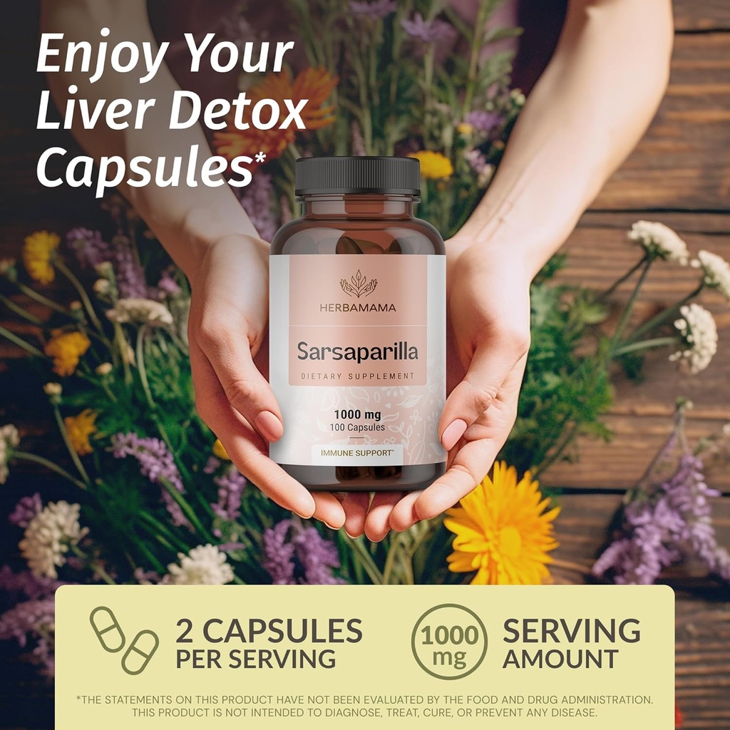 HERBAMAMA Sarsaparilla Root Capsules - 1000mg Sarsaparilla Powder for Herbal Liver Cleanse Support - Vegan, Non-GMO Smilax Liver Supplement 3