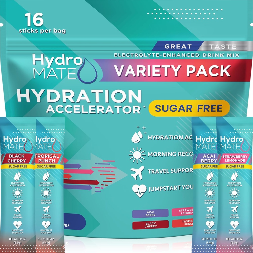 Electrolyte Powder Sugar-Free Hydration Packets Variety Pack HydroMATE 16 Sticks 2