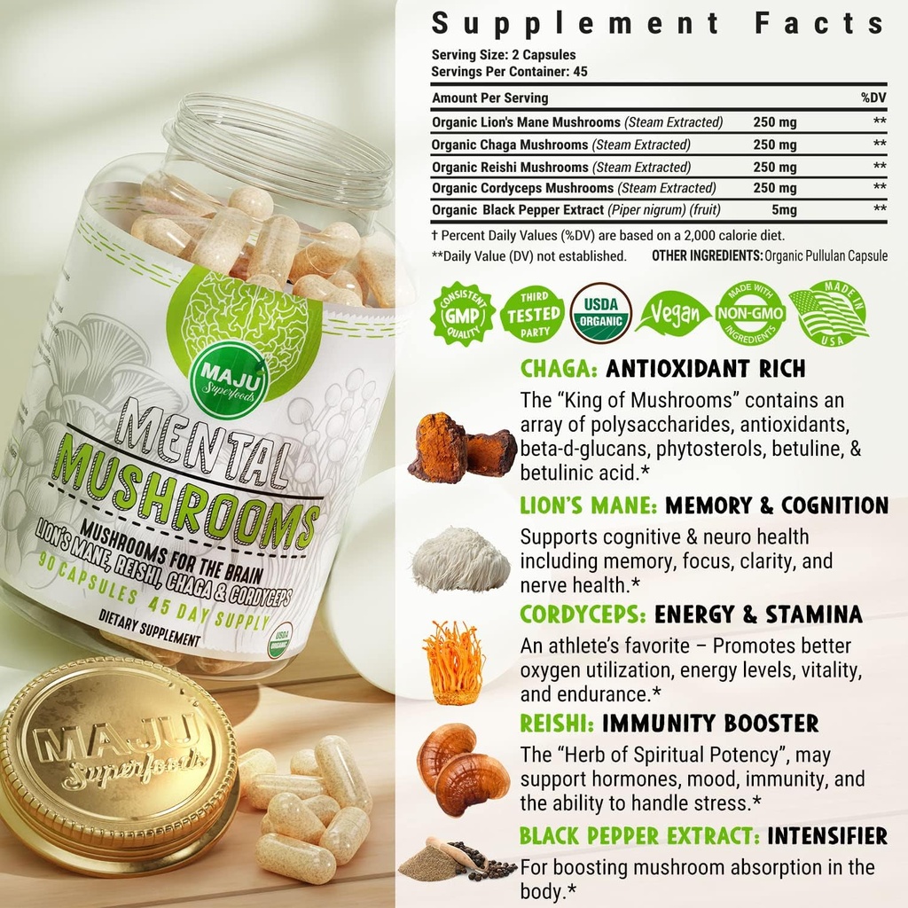 MENTAL Mushroom Capsules, Organic Extract Supplement w/ Lion's Mane, Cordyceps, Reishi and Chaga, Boost Your Focus, Energy, Wellness and Immune System - Nootropic Mushrooms, Immune Support 90ct 6