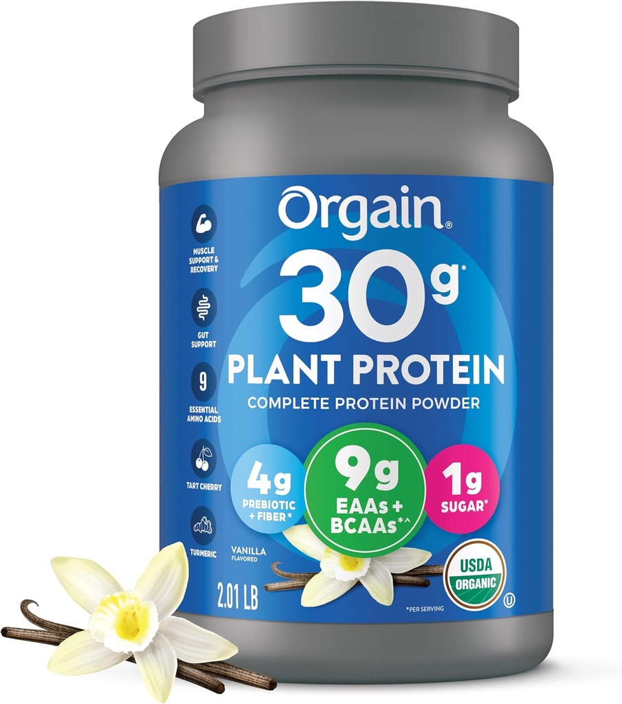 Orgain Organic 30g Vegan Plant Protein Powder, Vanilla, 9g EAAs + BCAAs, High Plant Protein, 4g Prebiotic + Fiber, 1g Sugar, Pre-Workout, Muscle Support + Recovery - 2.01lb (Packaging May Vary) 2