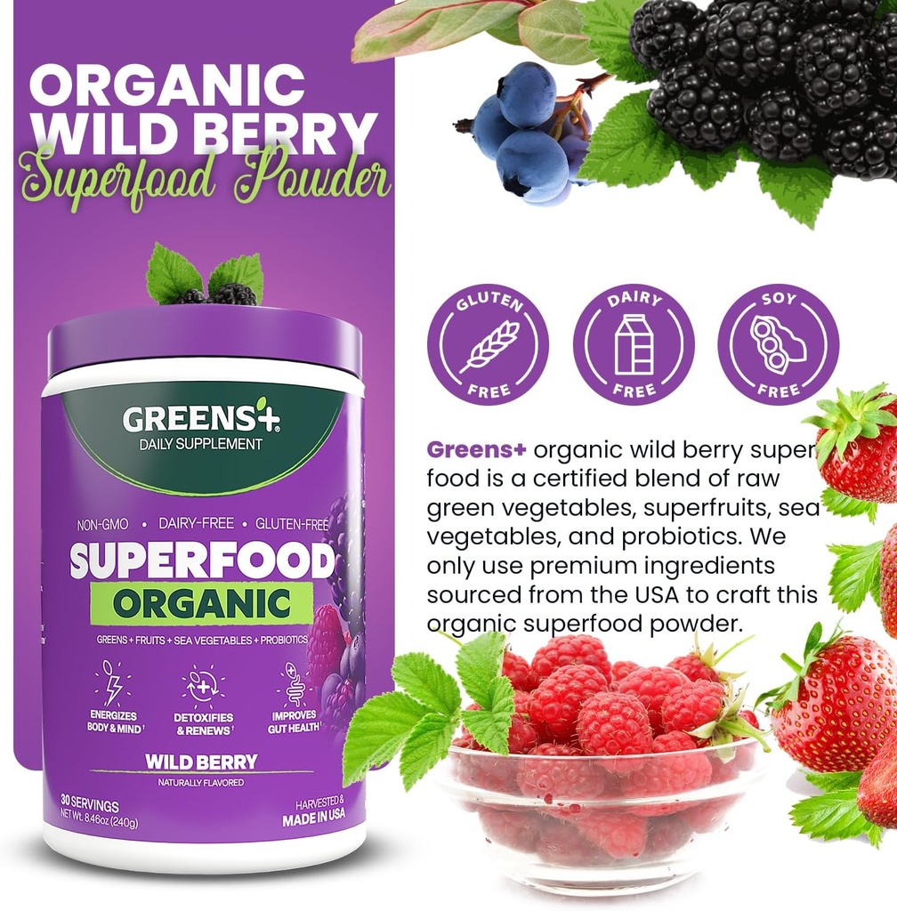 Greens+ Organic Wild Berry Superfood Powder, Antioxidant Polyphenol, Blend for Morning Kick, Energy, Vitality Boost, Nutrition, Vibrant Health, Dietary Supplement, Vegan Soy/Dairy/Gluten Free(8.46oz) 3