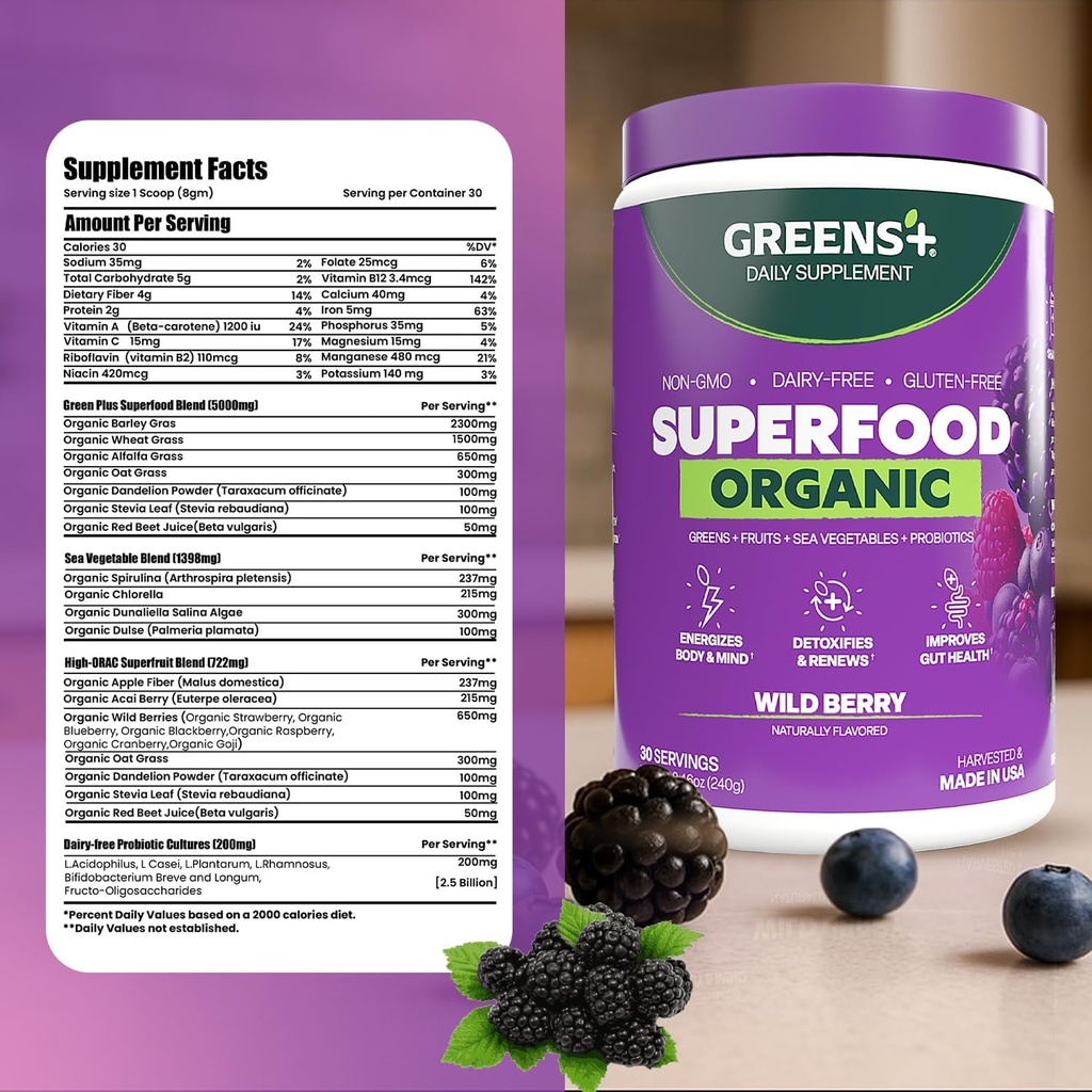 Greens+ Organic Wild Berry Superfood Powder, Antioxidant Polyphenol, Blend for Morning Kick, Energy, Vitality Boost, Nutrition, Vibrant Health, Dietary Supplement, Vegan Soy/Dairy/Gluten Free(8.46oz) 6