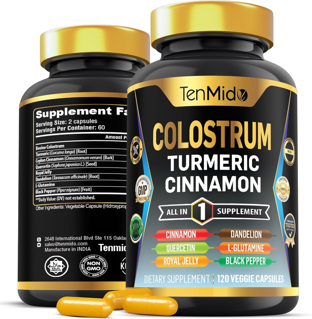 Colostrum Supplement - 8in1 Formula - Combine with Turmeric, Ceylon Cinnamon, Quercetin, Royal Jelly, Dandelion, L- Glutamine, and Black Pepper - Digestive Health Support - 120 Capsules 2