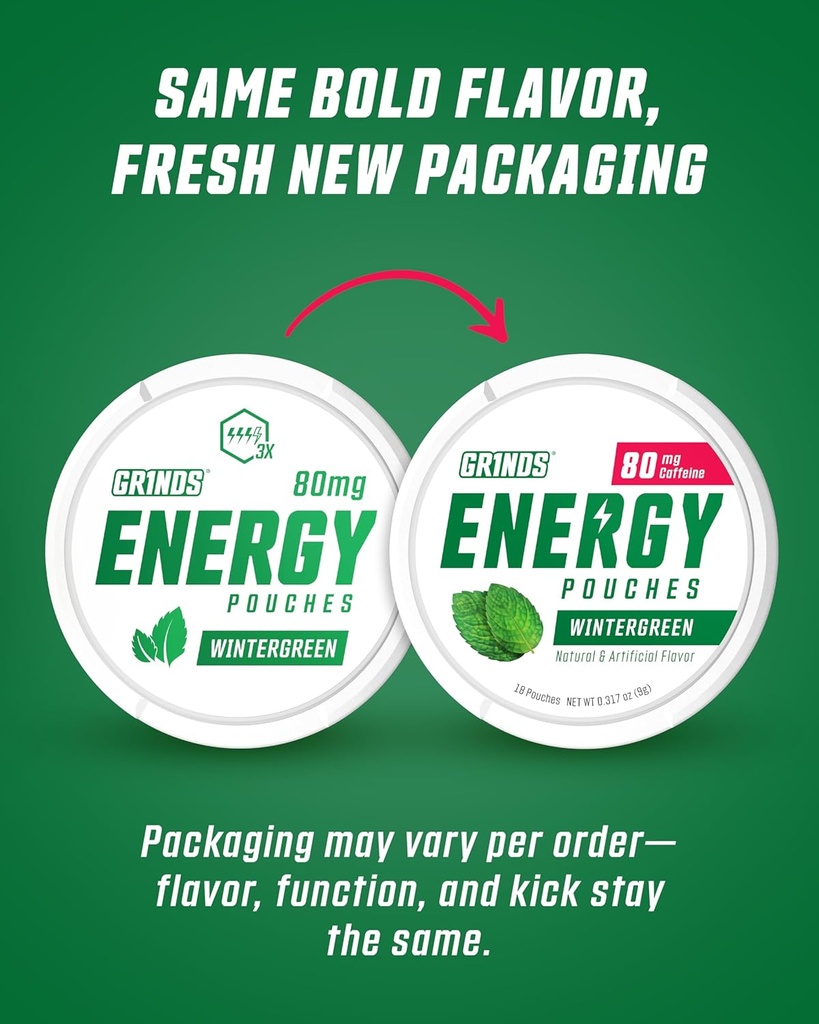 Grinds Energy Pouches - Natural Caffeine Pouches - Contains B-Vitamins, Sugar-Free, & 0 Calories - 80mg of Caffeine in Each Pouch - Wintergreen, Peach, & Sour Apple - 3 Pack, 15 Pouches Per Can 3