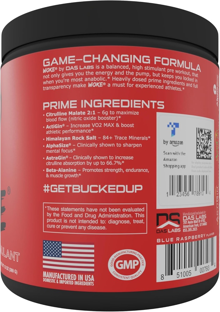Bucked Up - Woke - HIGH STIM Pre Workout - Best Tasting - Focus Nootropic, Pump, Strength, 30 Servings (Blue Raspberry) 5