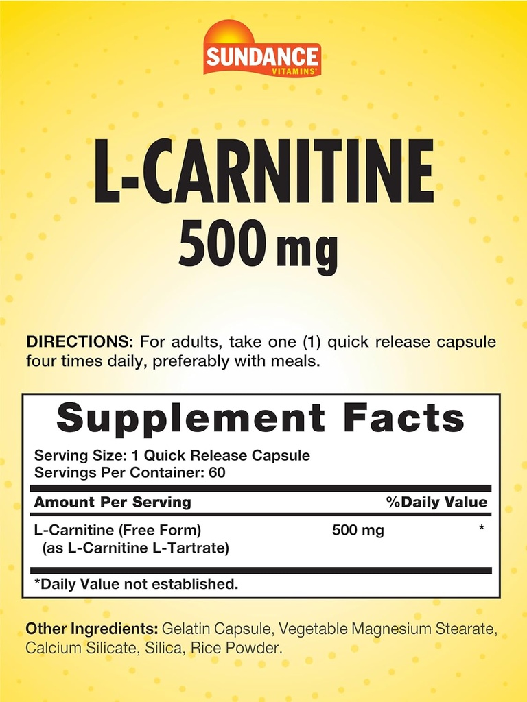Sundance L-Carnitine Tartrate Supplement 500mg | 60 Capsules | Free Form Amino Acid | Non-GMO and Gluten Free Pills 3