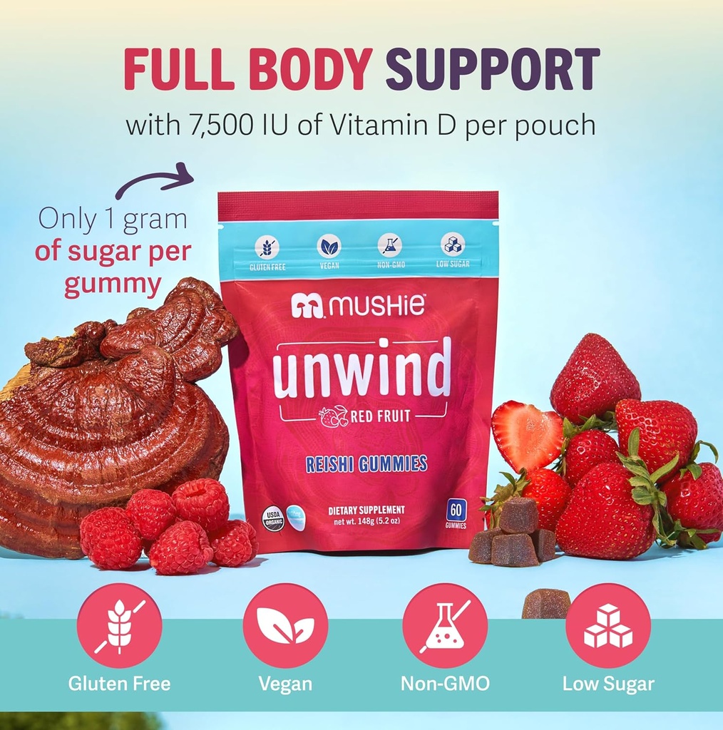 Mushie 100% Organic Reishi Mushroom Gummies - 2000mg Reishi Nootropic for Relaxation, Sleep, Cardiovascular Health & Immune Support with Vitamin D - Vegan, Gluten-Free - 60 Count 4