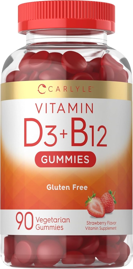 Carlyle Vitamin D3 + B12 Complex Gummies | 90 Count | Vegetarian, Non-GMO, and Gluten Free Formula | Strawberry Flavor Supplement 2
