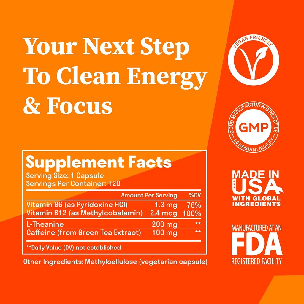 Aromatik Caffeine L-Theanine Focus Supplement | Caffeine (100 mg) + L-Theanine (200 mg) + B Vitamins | Energy Focus Cognition | USA Made at FDA Registered Facility | Vegan Capsules | 120 Servings 3