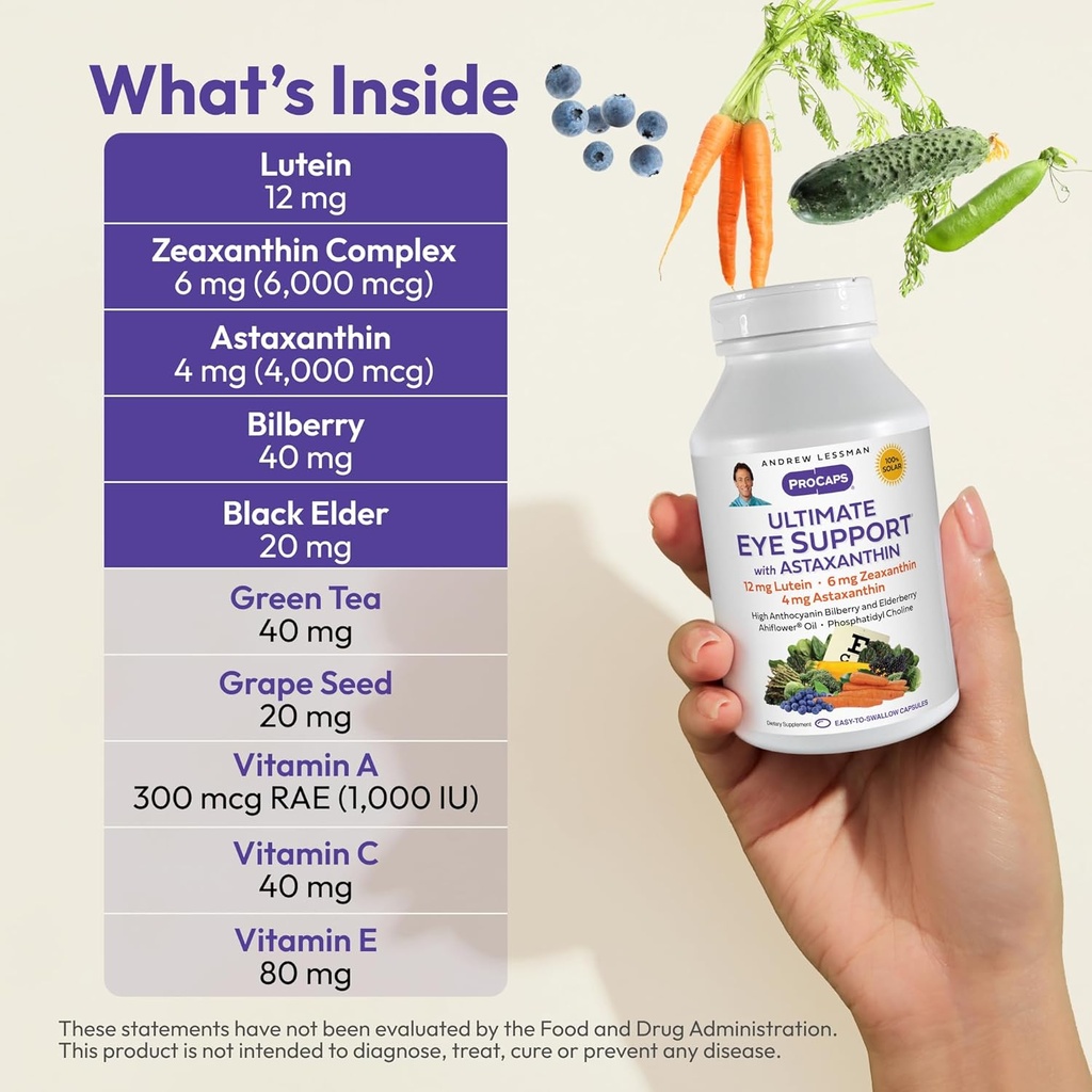 ANDREW LESSMAN Ultimate Eye Support with Astaxanthin 30 Softgels - 12mg Lutein, 6mg Zeaxanthin, 4mg Astaxanthin, Bilberry. Key Nutrients to Support Eye Health, Promote Healthy Vision. No Additives 4