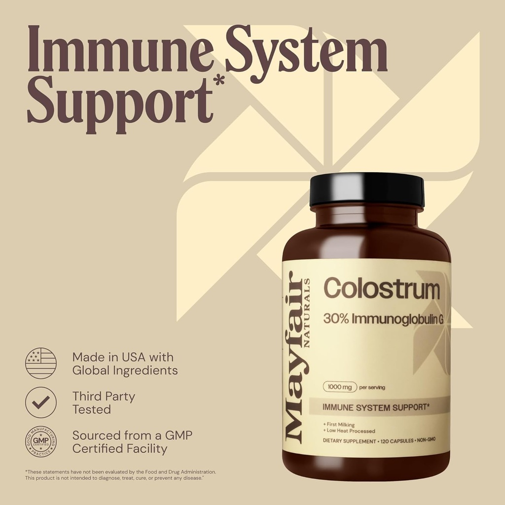 Colostrum Supplement 1000mg, 120 Capsules, 30% IgG, Bovine Colostrum, Immune System Support 5