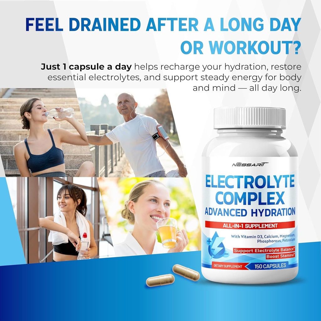 Electrolyte Complex - Advanced Hydration with Vitamin D3, Calcium, Magnesium, Phosphorus, Potassium - 150 Count - Made & Tested in The USA 3