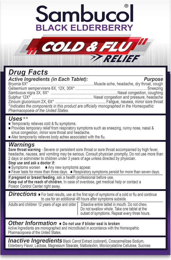 Sambucol Cold and Flu Relief Tablets - Homeopathic Cold Medicine, Remedy for Adults, Black Elderberry for Colds, Zinc Remedy - 30 Count 4