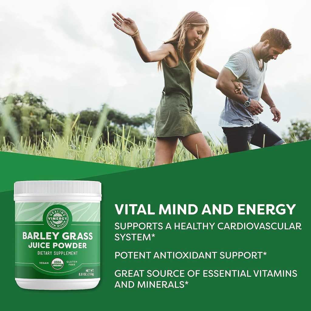 Vimergy Barley Grass Juice Powder Dietary Supplement - 0.8g per Serving (312 Servings) – Clean Superfood Formula – Promotes Cardiovascular Health* – Organic, Vegan & Gluten-Free – Regular Size 250g 3