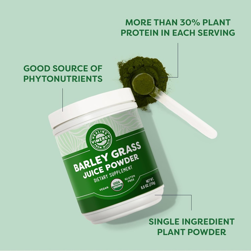 Vimergy Barley Grass Juice Powder Dietary Supplement - 0.8g per Serving (312 Servings) – Clean Superfood Formula – Promotes Cardiovascular Health* – Organic, Vegan & Gluten-Free – Regular Size 250g 4