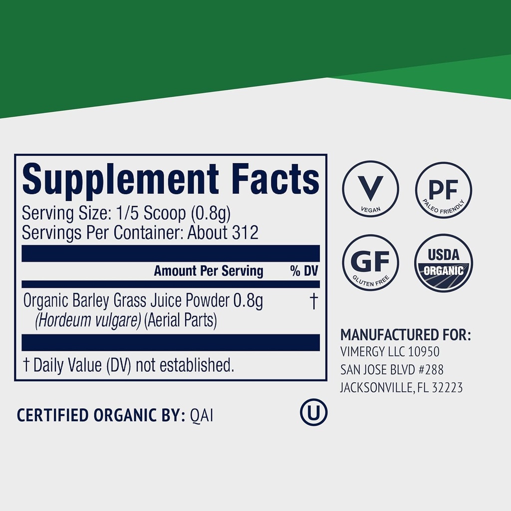 Vimergy Barley Grass Juice Powder Dietary Supplement - 0.8g per Serving (312 Servings) – Clean Superfood Formula – Promotes Cardiovascular Health* – Organic, Vegan & Gluten-Free – Regular Size 250g 5