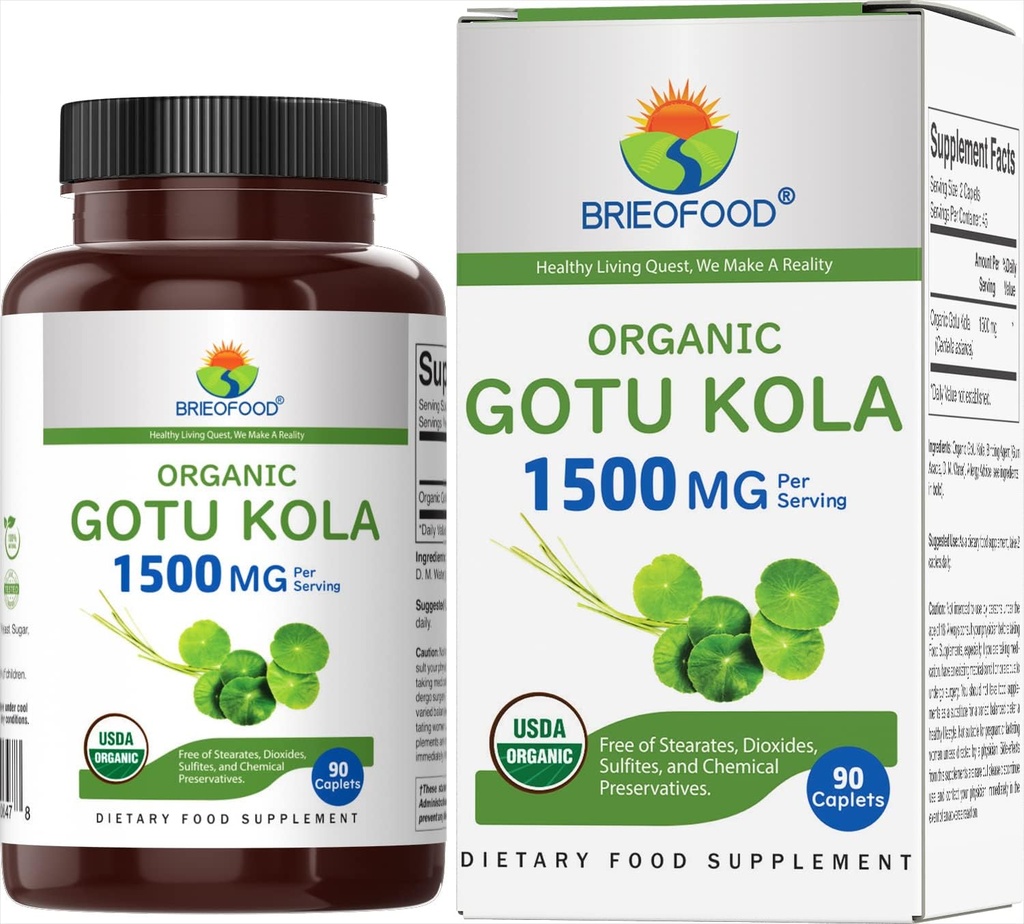 Brieofood Organic Gotu Kola 1500mg, 45 Servings, Vegetarian, Gluten Free, 90 Vegetarian Tablets 2