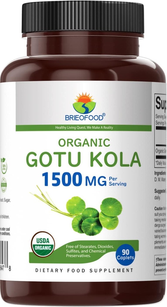 Brieofood Organic Gotu Kola 1500mg, 45 Servings, Vegetarian, Gluten Free, 90 Vegetarian Tablets 3