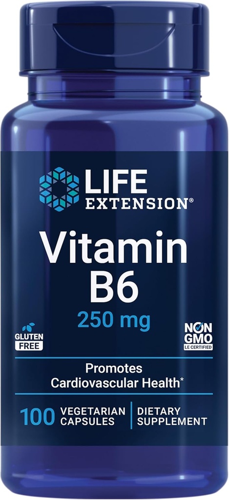 Life Extension Vitamin B6, 250 mg, high Potency, Cardiovascular Health, neurological Health, Eye Health, Healthy Kidney Function, Gluten-Free, Non-GMO, Vegetarian, 100 Capsules 2