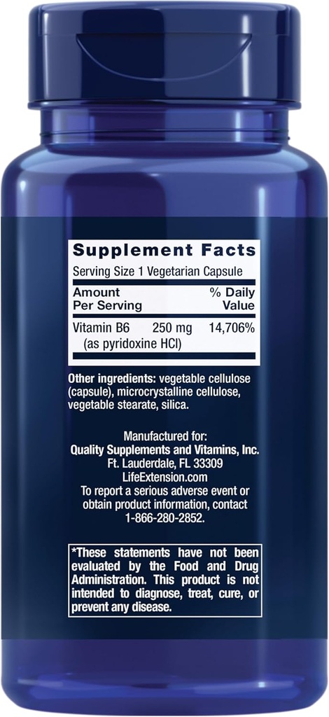 Life Extension Vitamin B6, 250 mg, high Potency, Cardiovascular Health, neurological Health, Eye Health, Healthy Kidney Function, Gluten-Free, Non-GMO, Vegetarian, 100 Capsules 3