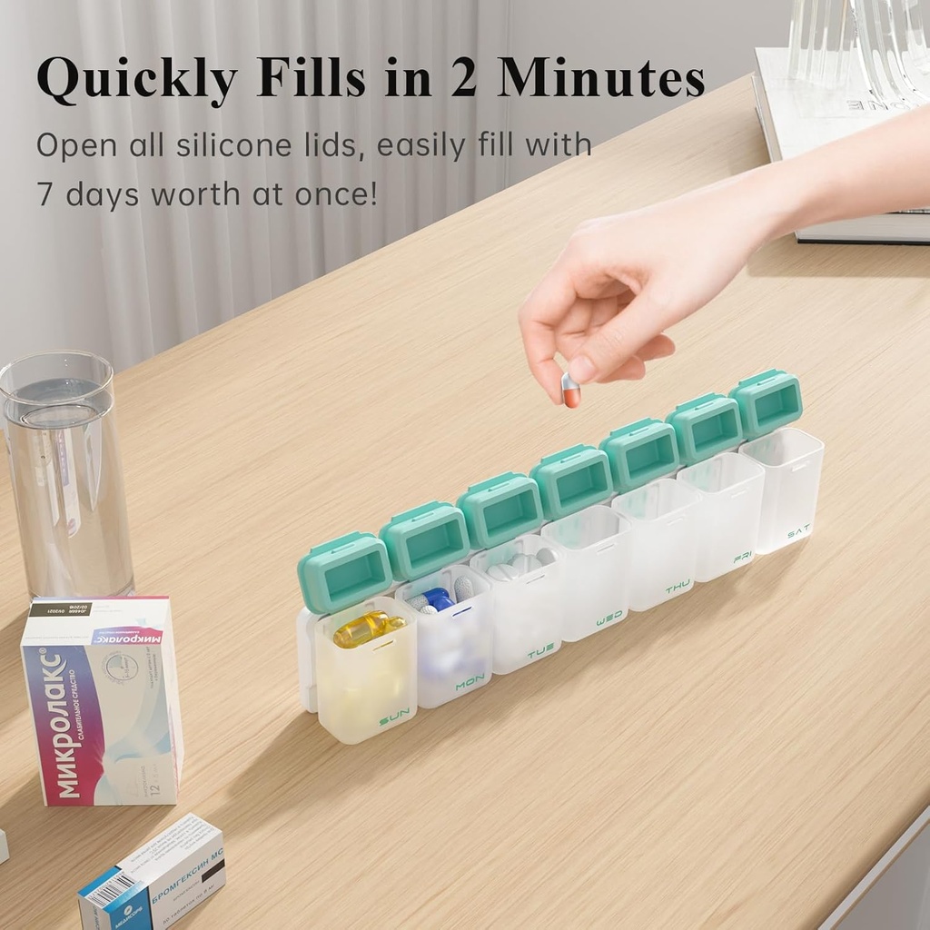 Weekly Pill Organizer Magnetic, Removable Pill Box 7 Day 1 Time a Day, Large Pill Case Travel, Week Once Daily Medication Dispenser, Medicine Container Holder for Supplement Vitamin, Cyan 5