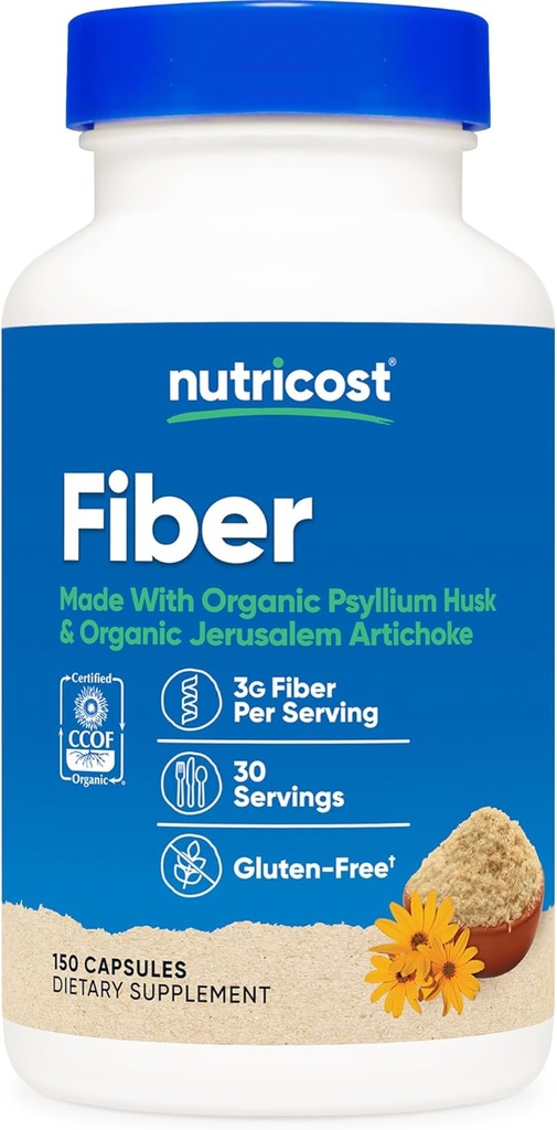 Nutricost Fiber Capsules with Prebiotic Fiber Supplement 150 Capsules - CCOF Certified Supplement, Made with Organic Psyllium Husk & Organic Jerusalem Artichoke, Gluten Free, 3 G Per Serving 2