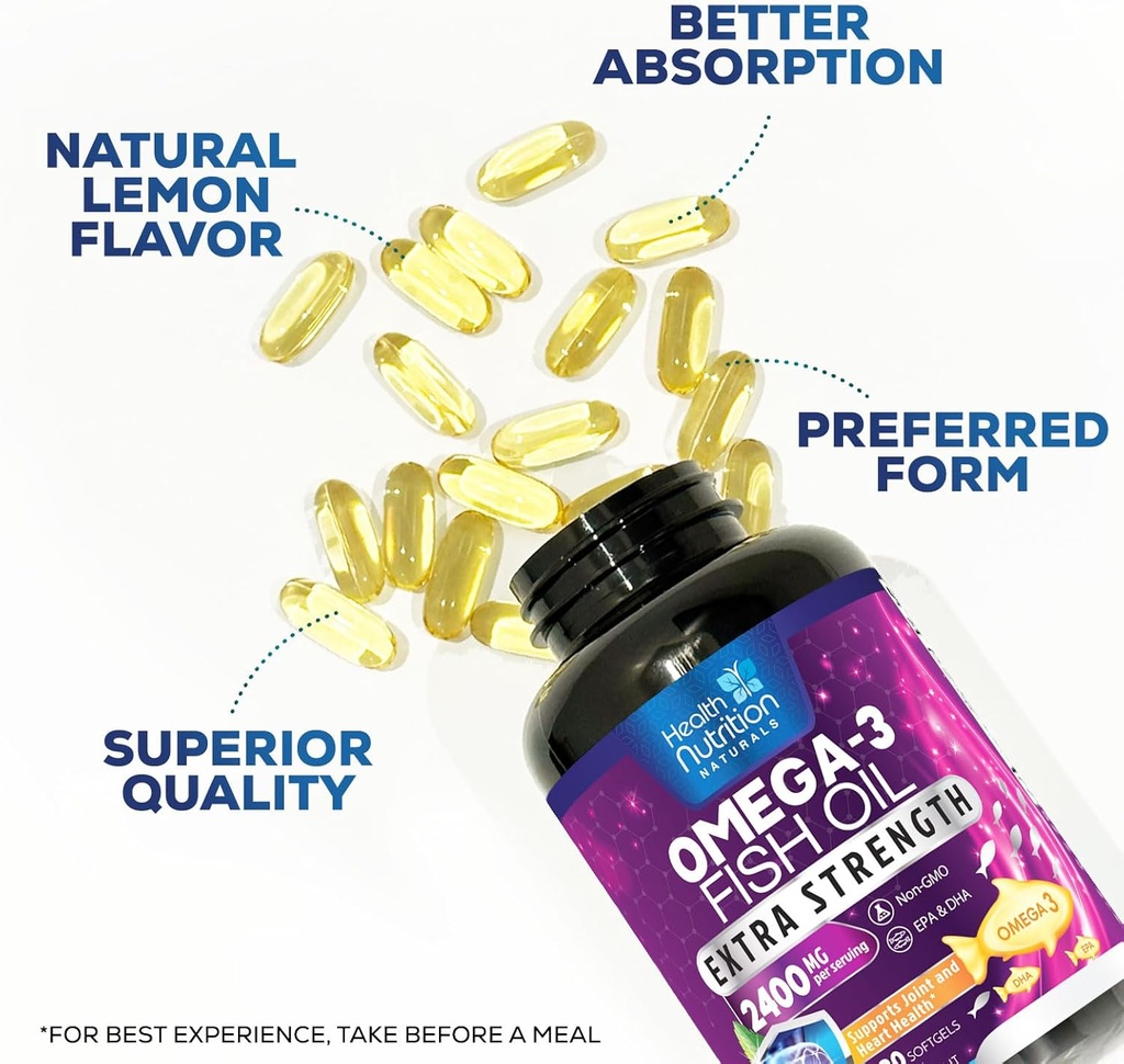 Omega 3 Fish Oil 2400 mg - Triple Strength Omega3, EPA & DHA Fatty Acids Supplement - Natural Support for Immune, Heart & Brain Health - Wild Caught, Non-GMO, Lemon Flavor, Burpless - 180 Softgels 6