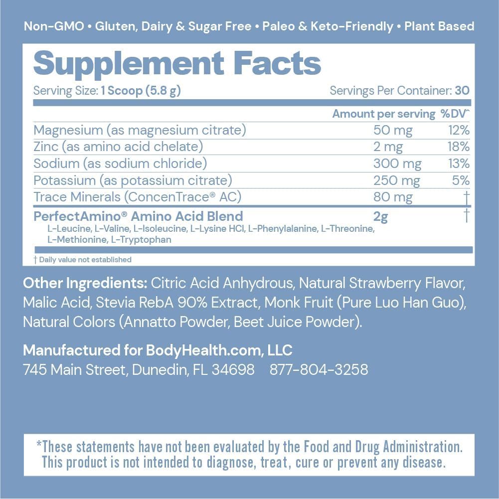 BodyHealth PerfectAmino Electrolyte Powder No Sugar, Hydration Fasting Keto Zero Sugar Electrolytes Drink Mix with Trace Minerals - Lemon Lime - 30 Servings 3