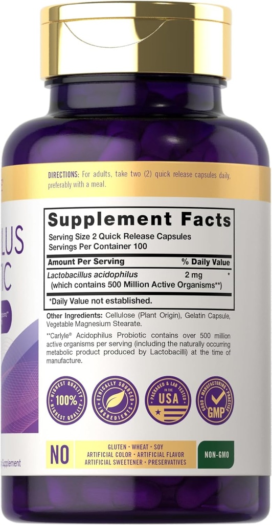 Carlyle Acidophilus Probiotic Capsules for Women and Men | 500 Million CFU | 200 Pills | Lactobacillus Supplement | Non-GMO and Gluten Free 3