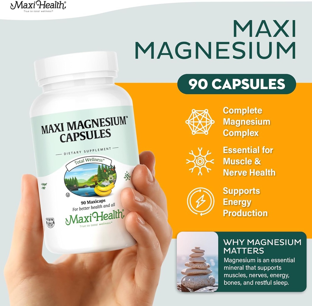 Maxi Health Magnesium Capsules - Energy Production - Muscle & Nerve Health - Bone Support - Magnesium Supplement from Magnesium Oxide, Magnesium Glycinate Chelate and Magnesium Citrate - 90 Count by Maxi Health 3