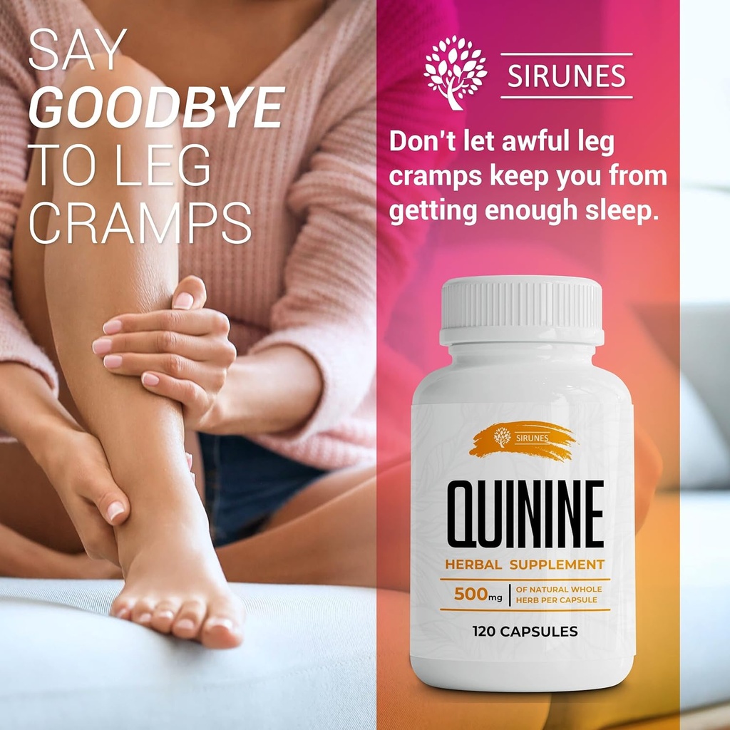 SIRUNES Leg Cramps Relief Quinine Capsules – Natural Cinchona Bark Supplement for Cramp Defense & Digestive Health – 1000mg Quinine Pills, 120 Tablets, Non-GMO, Gluten-Free 4