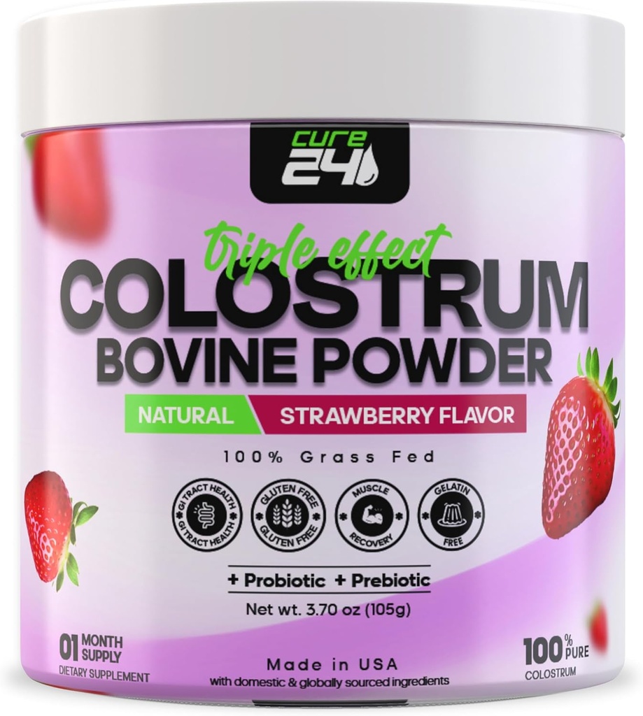 Bovine Colostrum X3 Supplement Powder for Humans, 100% Pure Whole Natural Grass Fed Superfood, High IgG, Plus Probiotic & Prebiotic, Natural Strawberry Flavor, Made in USA 2