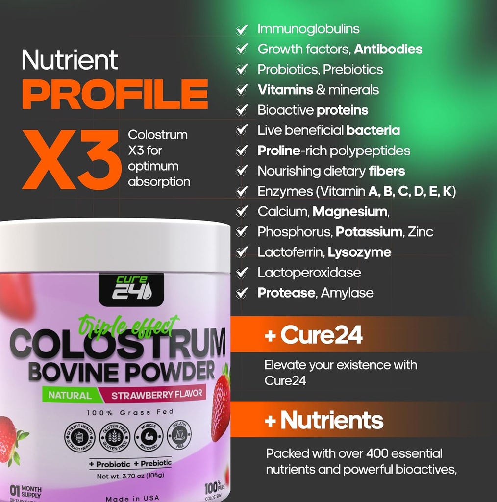 Bovine Colostrum X3 Supplement Powder for Humans, 100% Pure Whole Natural Grass Fed Superfood, High IgG, Plus Probiotic & Prebiotic, Natural Strawberry Flavor, Made in USA 6