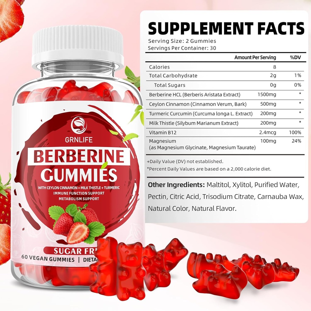 Berberine Gummies with Ceylon Cinnamon 1500mg High Potency Berberine HCL Supplement for Immune and Metabolism Support, Sugar Free, Strawberry Flavor - 120 Count 3