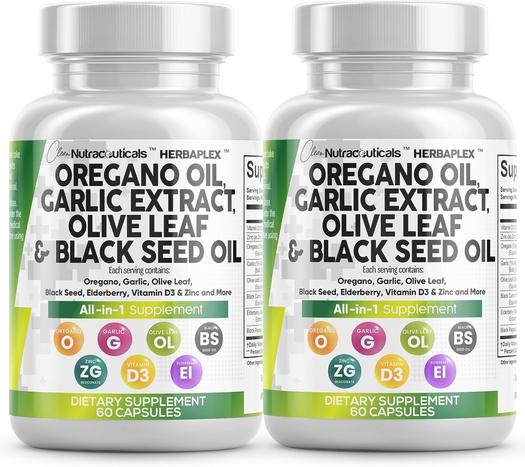 Clean Nutraceuticals Oregano Oil Garlic Extract Olive Leaf Black Seed Oil - Immune Support & Digestive Health Supplement for Women and Men with Vitamin D3 & Zinc - 2Pack 2