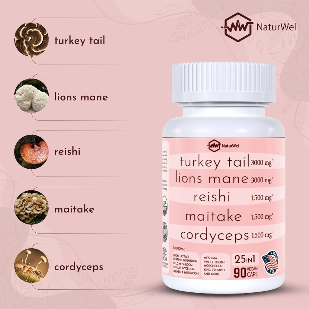 Turkey Tail 3000mg Lions Mane 3000mg Reishi 1500mg Mushroom Blend with Chaga Maitake Cordyceps Shiitake Field | Mushroom Blend | Focus Pills - 90 Count (90 Count Pack of 1) 6