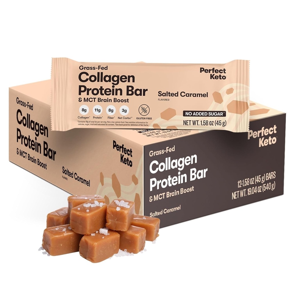 Perfect Keto Bars - The Cleanest Keto Snacks with Collagen and MCT. No Added Sugar, Keto Diet Friendly - 3g Net Carbs, 19g Fat,11g Protein - Diet Food Dessert (Salted Caramel, 12 Bars) 2