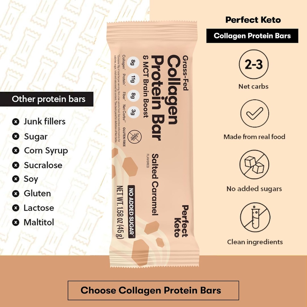 Perfect Keto Bars - The Cleanest Keto Snacks with Collagen and MCT. No Added Sugar, Keto Diet Friendly - 3g Net Carbs, 19g Fat,11g Protein - Diet Food Dessert (Salted Caramel, 12 Bars) 4
