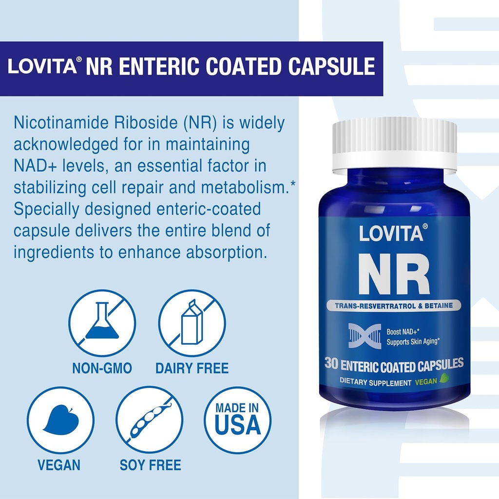 Lovita NR (Nicotinamide Riboside) 350 mg, NAD Supplement with Trans-Resveratrol and Betaine, Promote NAD Plus Levels, Healthy Aging, 30 Vegan Enteric-Coated Capsules 5