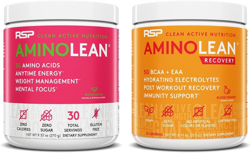 RSP NUTRITION AminoLean Pre Workout Energy (Watermelon 30 Servings) with AminoLean Recovery Post Workout Boost (Blood Orange 30 Servings) 2