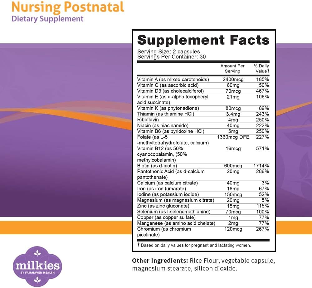 Milkies Fairhaven Health Nursing Postnatal Vegetarian Supplement for Breastfeeding Women with Vitamin D and B, Nutritious Breast Milk Multivitamin - Gluten and Dairy Free - 1 Month Supply 3