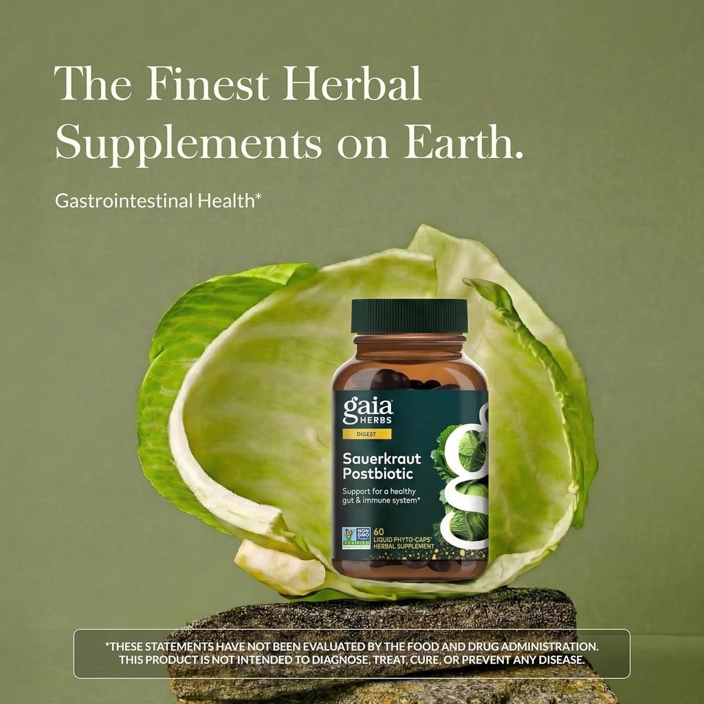 Gaia Herbs Sauerkraut Postbiotic - Natural Gut Health & Immune Support Supplement - Made with Fermented Sauerkraut - Free from Dairy, Soy & Gluten - 60 Vegan Capsules (30 Servings) 3