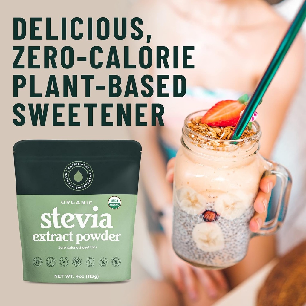 Organic 100% Pure Stevia Powder, 4 oz, Satisfies Sweet Cravings, Lowers Blood Sugar Levels for Diabetics, Bulk Powdered Stevia Extract Sweetener for Better Baking & Beverages, 800+ Servings by NatriSweet 4
