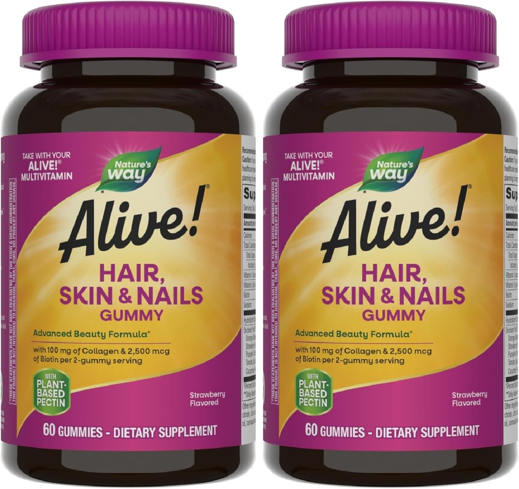 Nature's Way Alive! Hair, Skin & Nails Gummies, Advanced Beauty Formula*, with Biotin and Collagen, Strawberry Flavored, 60 Gummies (Packaging May Vary) (Pack of 2) 2