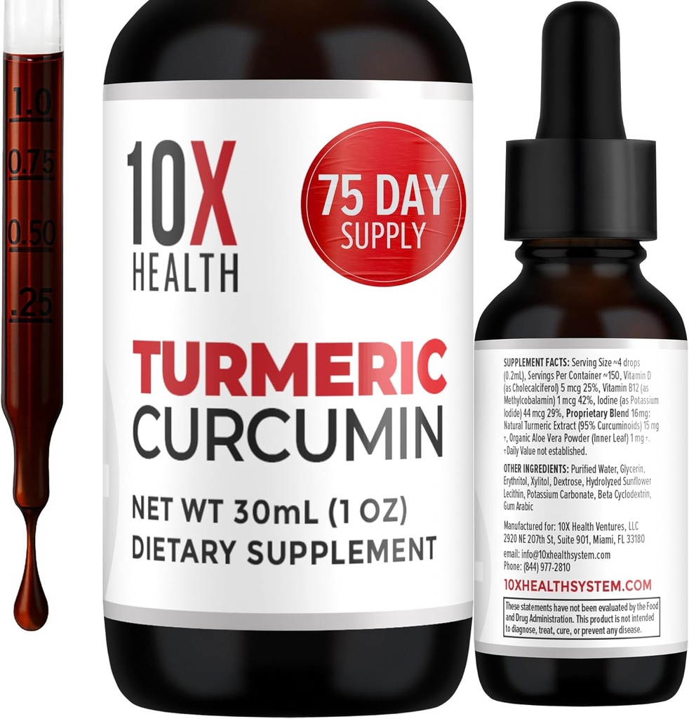 10X Health Turmeric Curcumin Supplement with Vitamin D3 & B12-30mL High Absorption Turmeric Supplement for Joint Supplements for Women, Immunity & Heart Health - Curcuma, Curcumin Supplements 2